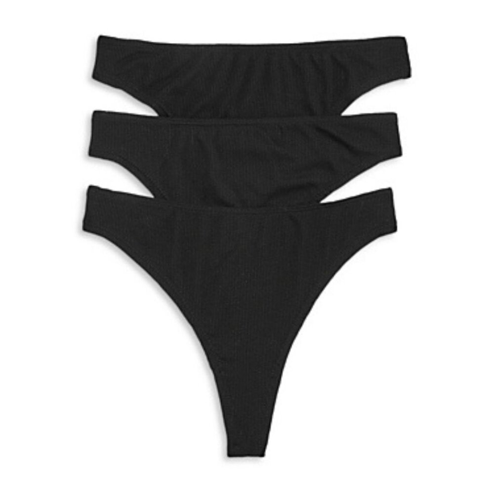 36$ Honeydew Linds Ribbed High-Cut Bikinis Bottom Set of 3 Women's Size S Black